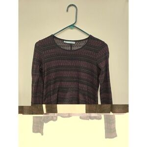 Y2K Sheer Knit Long Sleeve Top Black Burgundy Striped Soft Grunge Whimsigoth SM